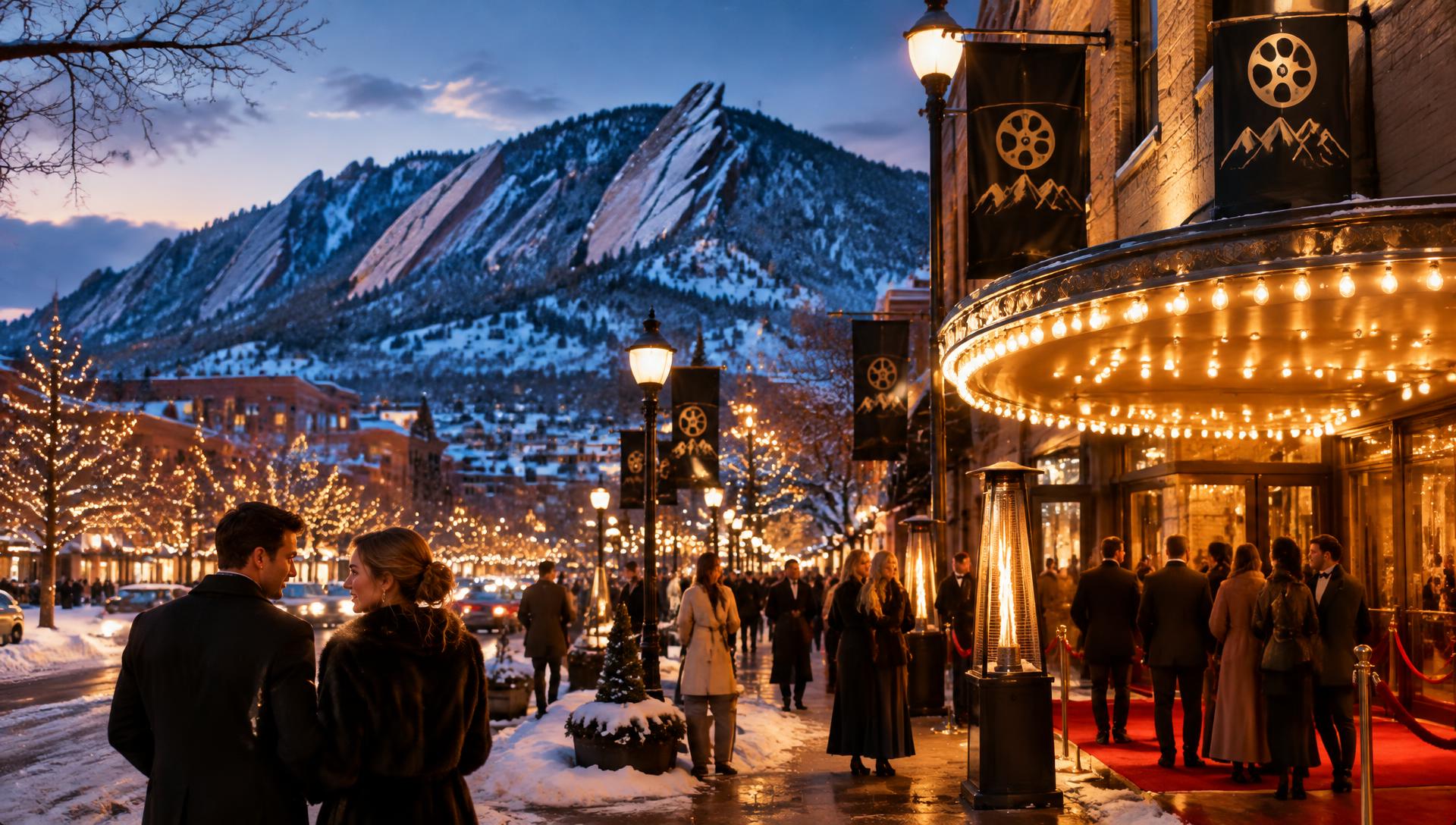 Downtown Boulder in winter with festival marquee beneath the Flatirons